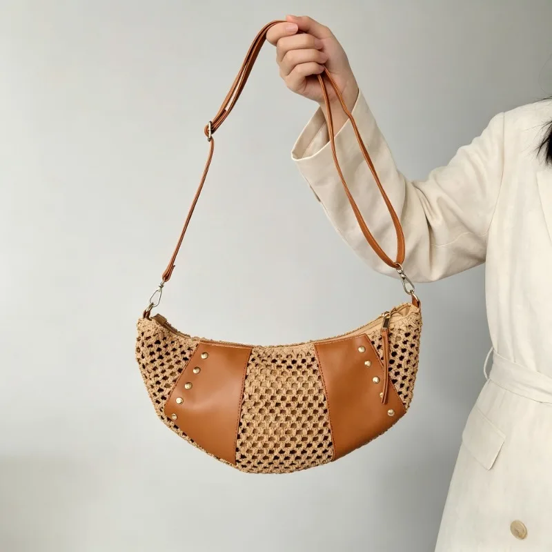 

New Minimalist Paper Woven Stitched PU Leather Straw Shoulder Bag Beach Vacation Style Shoulder Crossbody Bag Daily Use