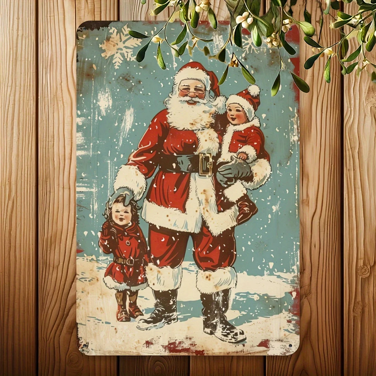 مسطح ثنائي الأبعاد، قطعة واحدة من علامة القصدير الحديدية سانتا كلوز العتيقة مقاس 8 × 12 بوصة - ديكور فني جداري ريفي لعيد الميلاد مع فتحات محفورة مسبقًا، معدن متين #6