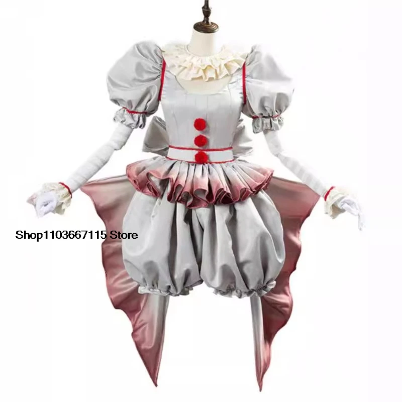 Movie Clown Pennywise Cosplay Costume Halloween Girls Outfit Horror Lolita Dress Up Women Fantasy Dress Carnival Party Full Set