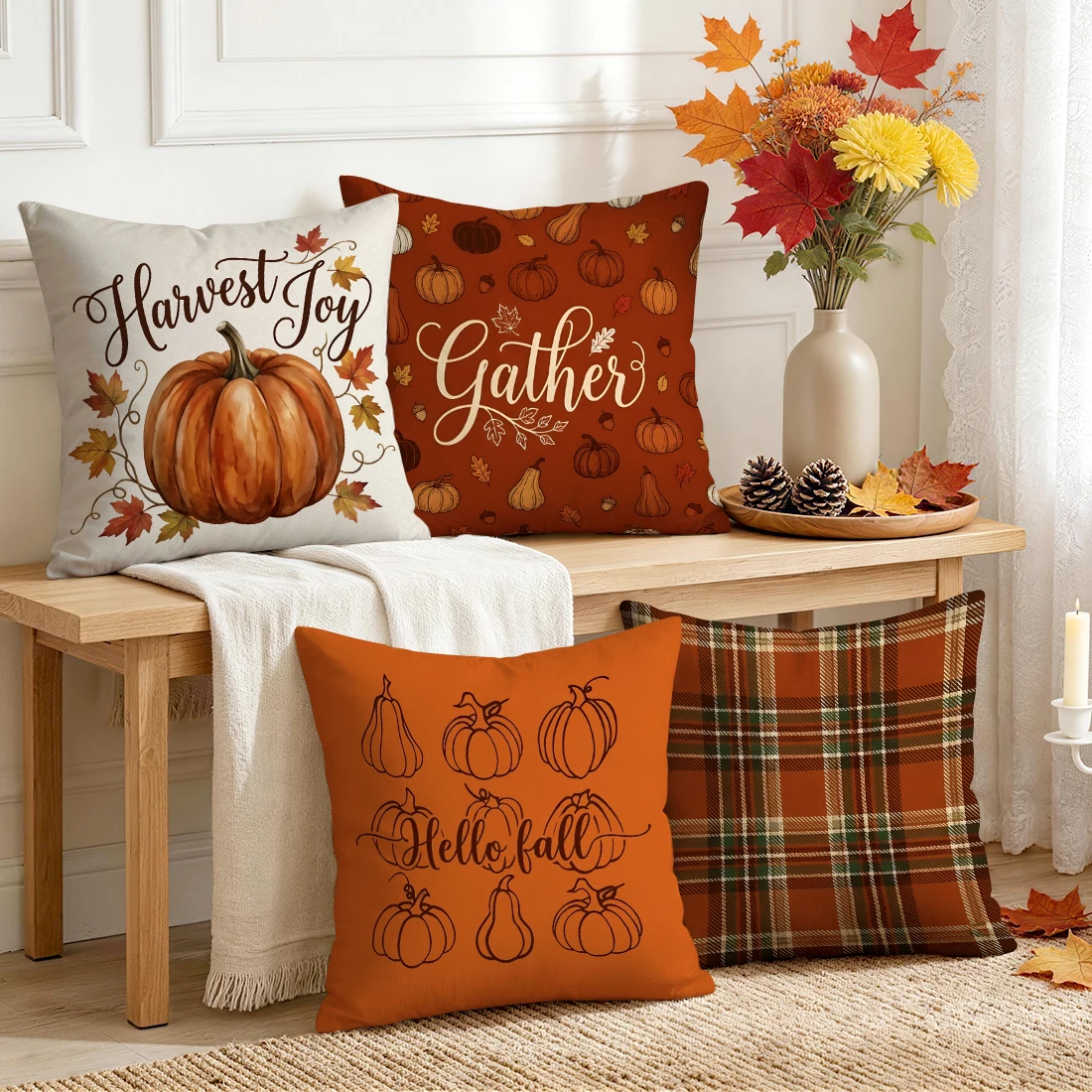 1/4pc Warm Orange Plaid Harvest Pumpkin Cushions Pillowcase Polyester Cushion Cover Throw Pillow Pillowcover Home Car Sofa Decor