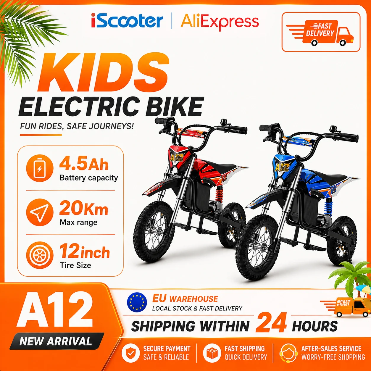 Silnik 350W, bateria 36V 4.5Ah, motocykl elektryczny dla dzieci A12, zasięg 20 km, 3 prędkości (8/13/25 km/h), napęd na tylne koła, amortyzatory do jazdy na zewnątrz.