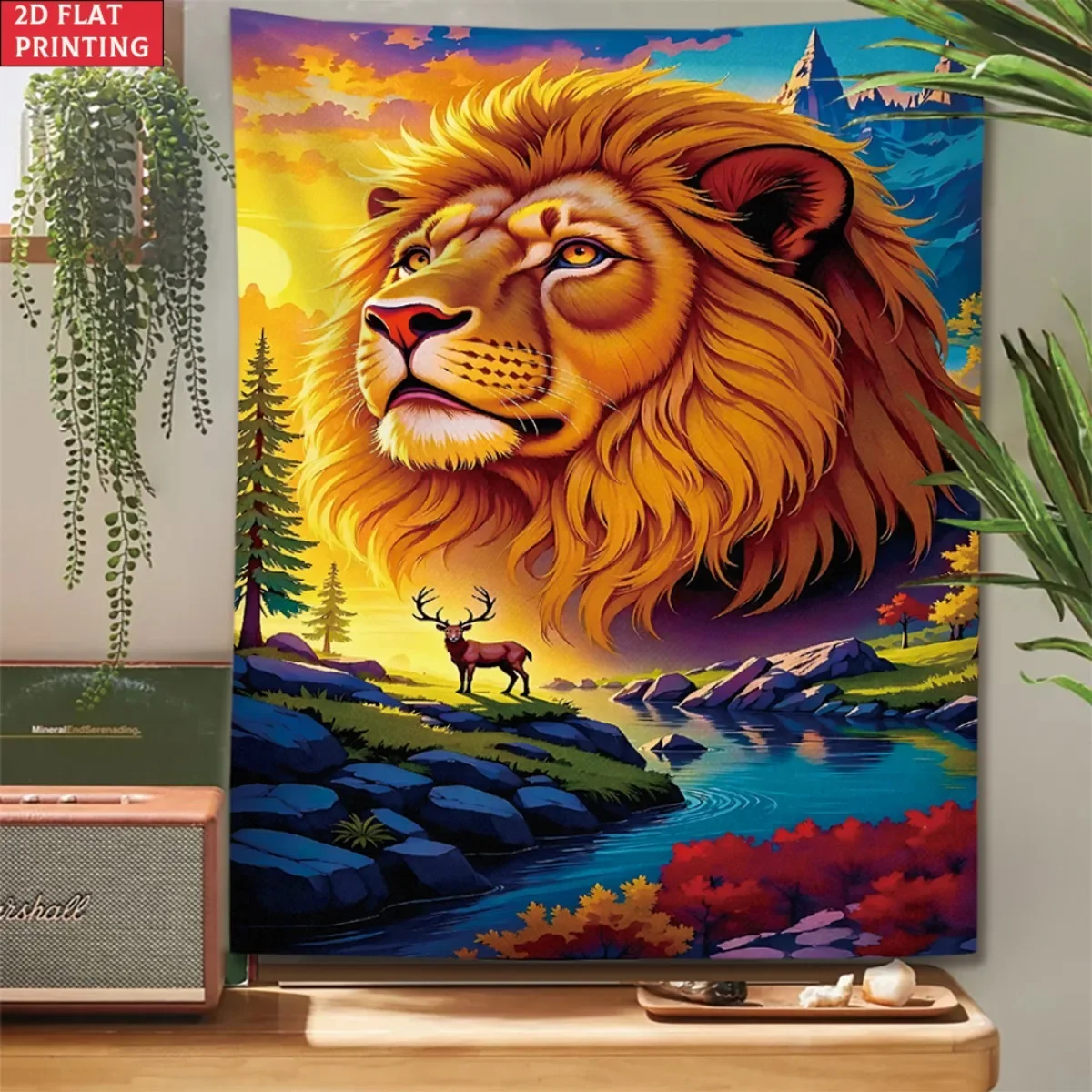

Vibrant Majestic Lion Head Tapestry Surreal Mountain Landscape Wall Hanging Aesthetic Room Decor for Offices Bars Parties
