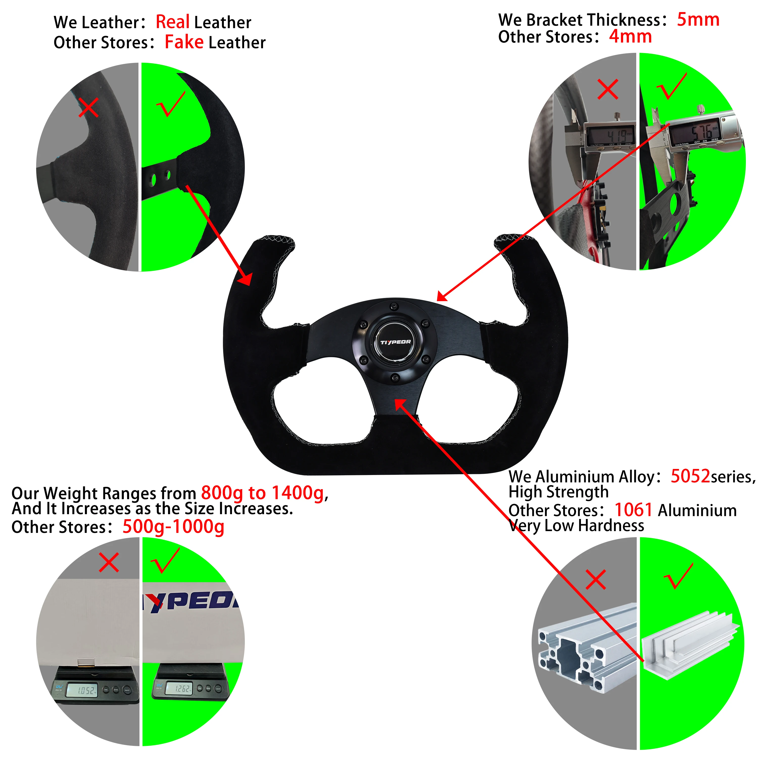 عجلة قيادة TIYPEOR مقاس 13 بوصة 330 مم من جلد الغزال باللون الأسود على شكل حرف D عجلة قيادة رياضية عالمية