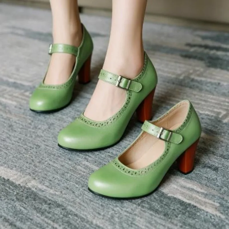 Spring/Autumn New Mid Heel One Button Shallow Mouth Round Head Single Shoe Blok Retro Mary Jane Coarse Heel Fairy Women's Shoes