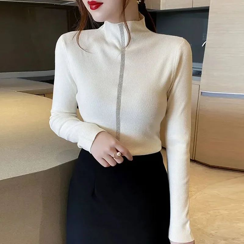 

New Mock Neck Black Knitted Sweater Women Pullovers Long Sleeve Slim Knit Sweater Pullover Women Tops Women Clothing 2025 Q1762