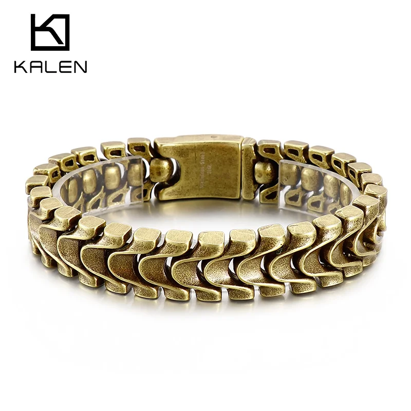 KALEN 16mm Vintage Viking Bone Chain Men's Bracelet Chunky Stainless Steel Jewelry Gothic Combination Bronze Color Accessories