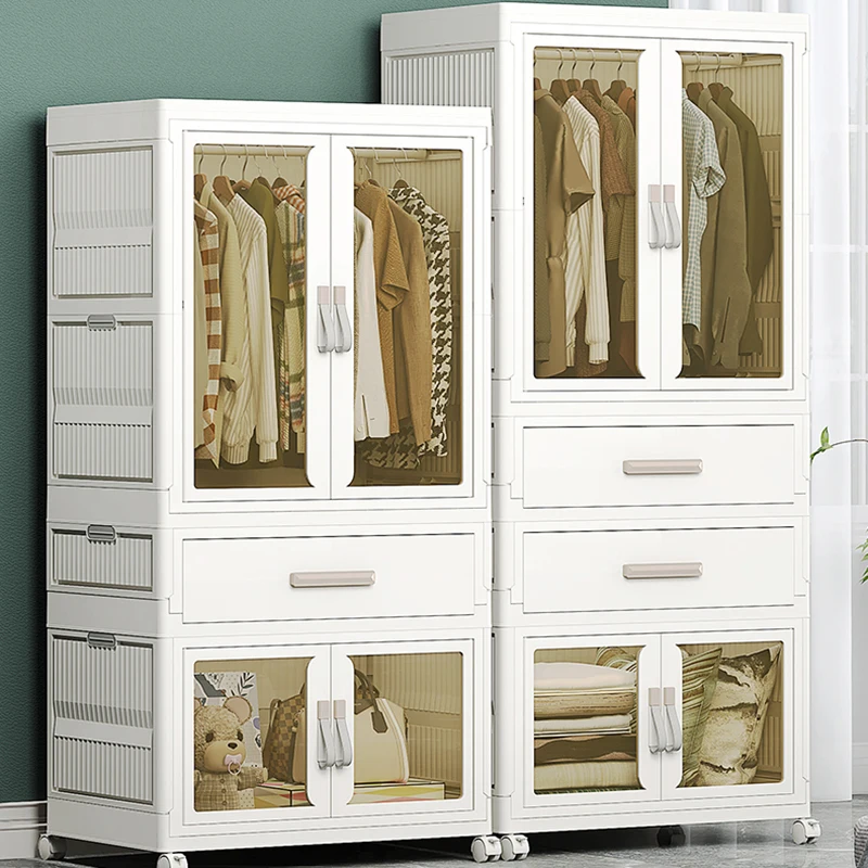 Transparent Foldable Wardrobe,Storage Container, Wheels at Bottom,Closet Cabinet Bedside Organizer, Large Folding Bins