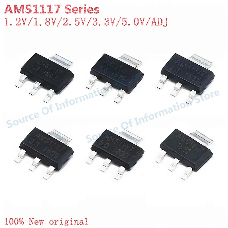 

50Pcs AMS1117 Series 1A Low Dropout Linear Voltage Regulator IC 1.2V/1.8V/2.5V/3.3V/5.0V/ADJ SOT-223