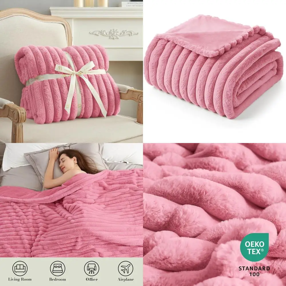 

Luxurious Pink Striped Faux Fur Blanket, 55x70, Plush & Cozy for Sofa, Chair, Bedroom