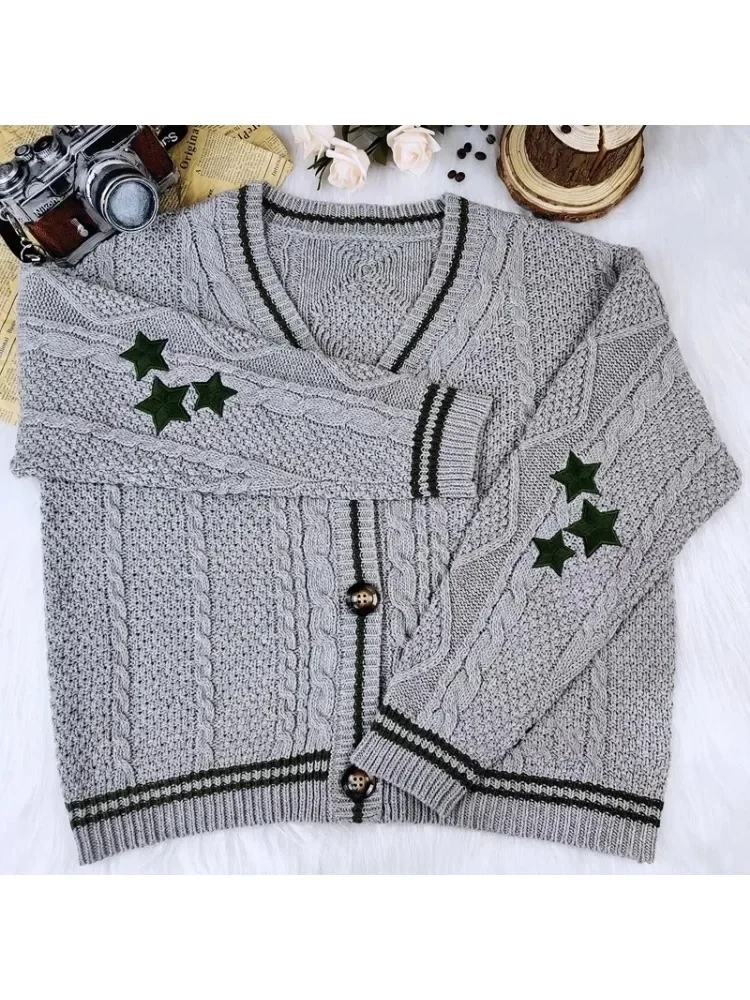 Knit Print Winter Cardigan Sweater Chic Vintage Star Preppy Long Sleeve Autumn V Neck Aesthetic Retro Single Breasted Sweaters