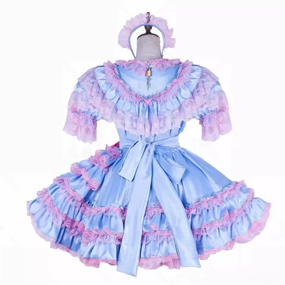 Sexy Sissy Französisches Dienstmädchen aus blauem Satin, abschließbar, mehrschichtiges Kleid mit Rüschenkante, Dienstmädchen-Cosplay-Kostüm, anpassbar