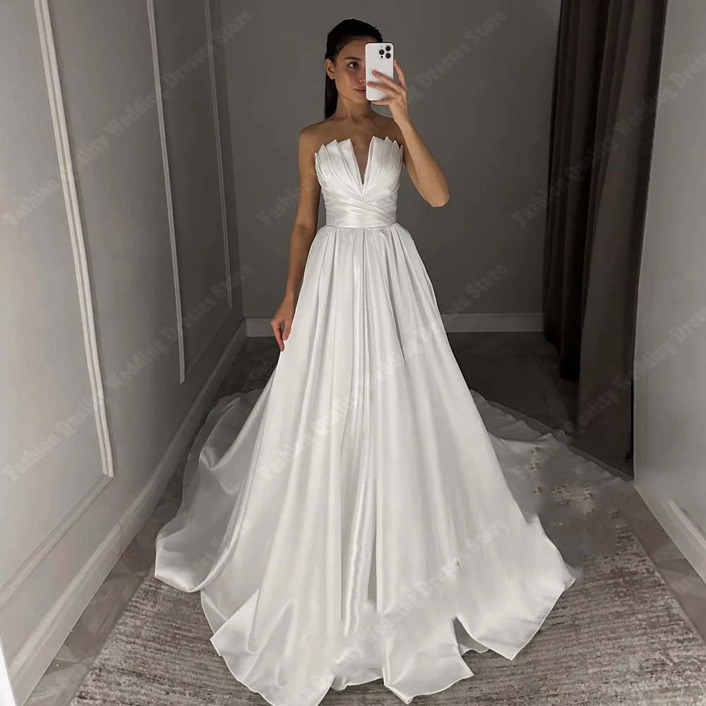 Semplici abiti da sposa da donna con scollo a v abiti da sposa Sexy senza maniche a-line brillante superficie in raso palla di fidanzamento Vestidos De Novia