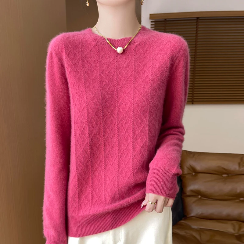 2024 autumn and winter new women\'s 100% merino sweater O-neck thick solid color casual fashion cashmere sweater top.