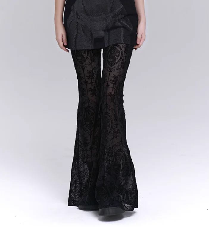 Gothic Subculture Black Sexy Sweet Lace Micro Flared Pants Fashion Versatile High Waist Personality Girls Street Punk Pants