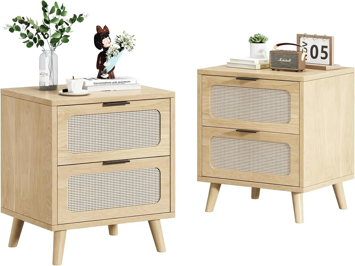 

Rattan Nightstand Set of 2, Wood Mid Century End Tables for Small Places, Boho Bedside Table End Table Side Table