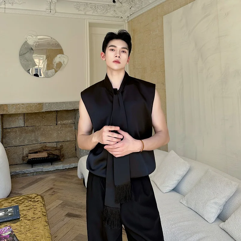 

Летняя модная высококачественная атласная рубашка без рукавов в корейском стиле с подплечниками, универсальная базовая рубашка для парикмахеров