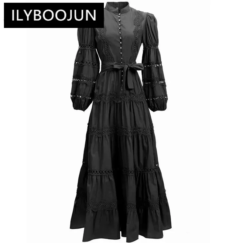 

ILYBOOJUN Fashion Runway dress Autumn Winter Women's Dress Stand Neck Lantern sleeve Belted Hollow Green Loose Party Dresses