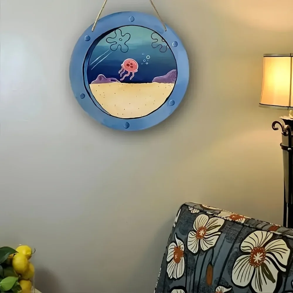 Vintage SpongeBob Porthole Jellyfish Round Metal Tin Sign Retro Cartoon Underwater Ocean Wall Decor Art Plaque for Kids Room Hom