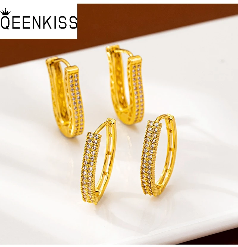 

QEENKISS Gold Shiny Luxury U Hoop Earrings For Women Wedding Party Birthday Christmas Bride Mother Girlfriend Lady Gifts EG5507