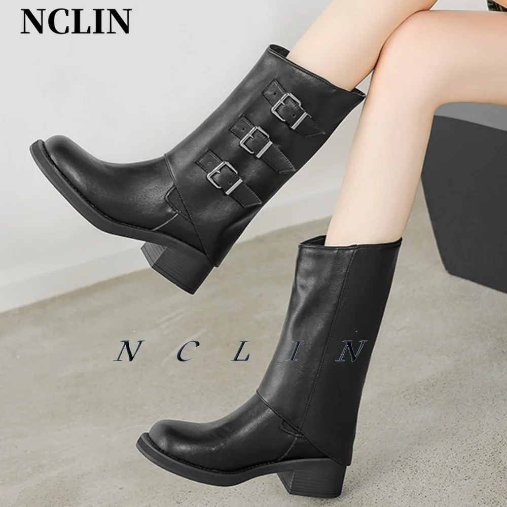 

NCLIN Sexy Punk Women Mid-calf Boots Buckles Slip On Warm Autumn Winter High Heeled Motorcycle Boots New Shoes For Woman High