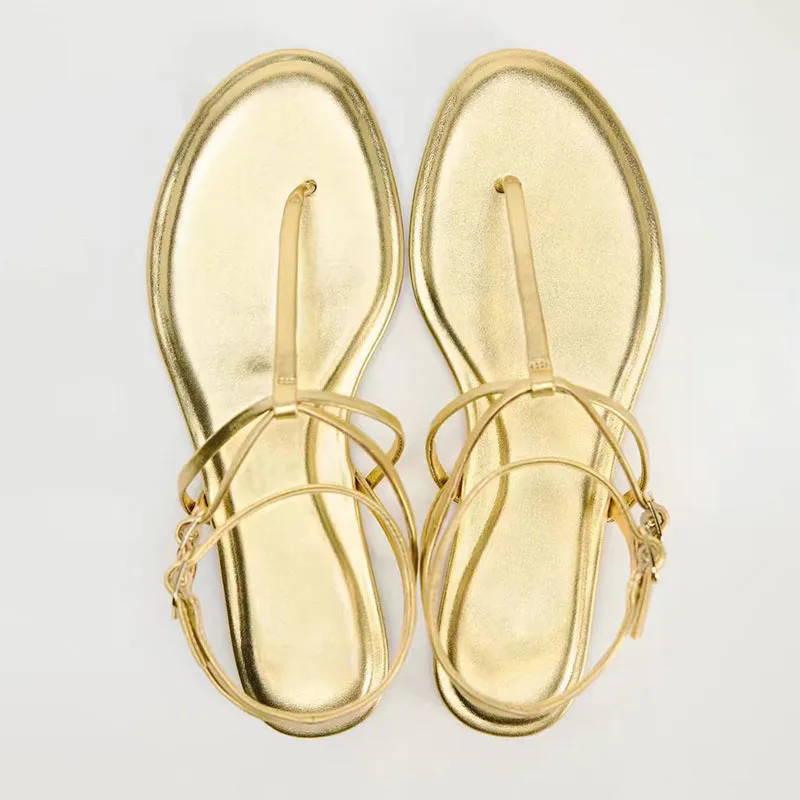 TRAF Women Gold Flat Sandals Summer New Flip Flop Round Head Open Toe Low Heal Shoes Thin Straps Metal Ankle Buckle For Woman