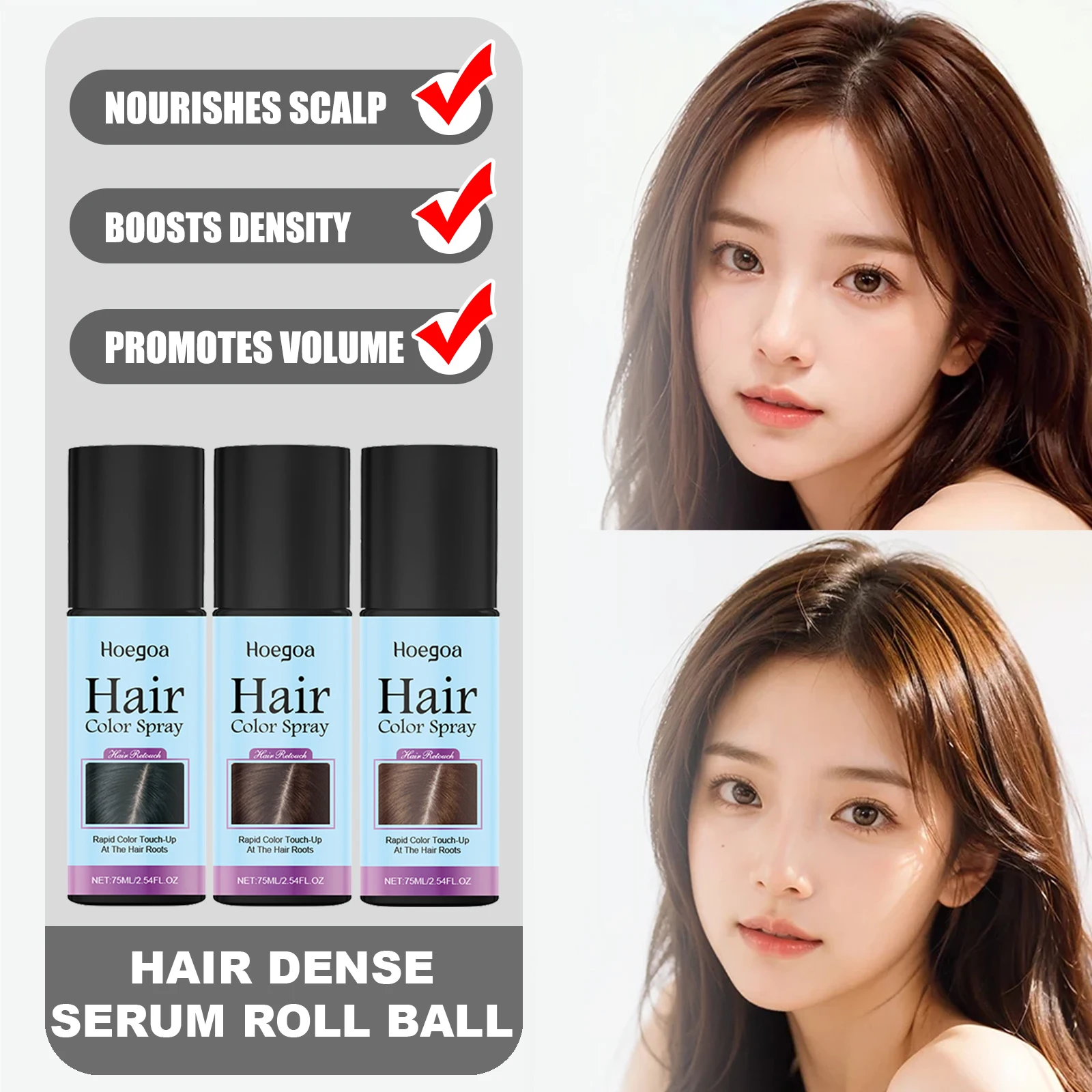 HOEGOA Once Hair Coloring Spray Light/Dark Brown Black  Long-lasting Covers Color Difference Easy to Wash Convenient Touch-up