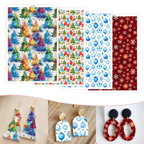 Christmas Themed Printed Polymer Clay Transfer Paper Watercolor Tree/Ornament/Snowflake Decal for DIY Handmade Earring Jewelry