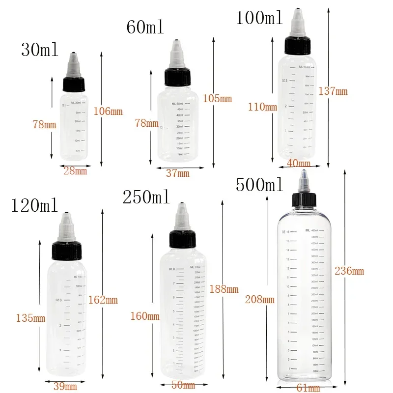 30 garrafas plásticas transparentes vazias do conta-gotas dos pces 30ml-250ml com tampas superiores da torção recipientes recarregáveis para pigmento da tatuagem do óleo