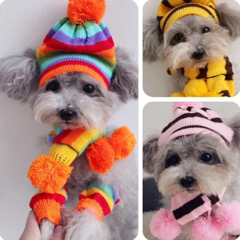 Dog Hat Pet Three-piece Scarf Set Foot Cover Rainbow Teddy Cat Cute Costume Puppy Dog Accessories Striped Acrylic Warm