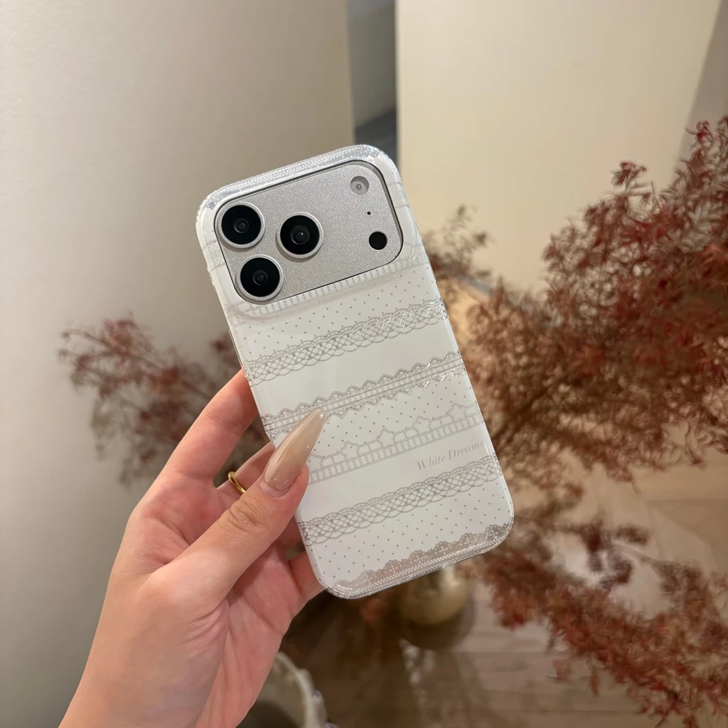

Romantic Elegant White Lace Polka Dot Glossy Shockproof Protective Phone Cover Case for iPhone 17 16 15 Pro Max