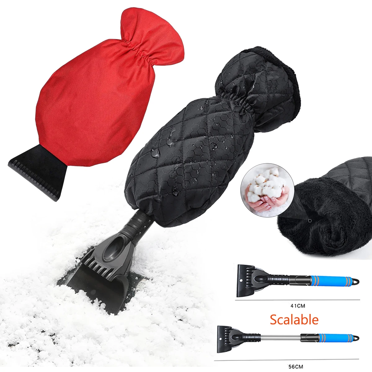 Thicken Car Windshield Ice Scraper Mitt Retractable Waterproof Snow Shovel Brush With Warm Gloves Scratch-Free Snow Removal Tool