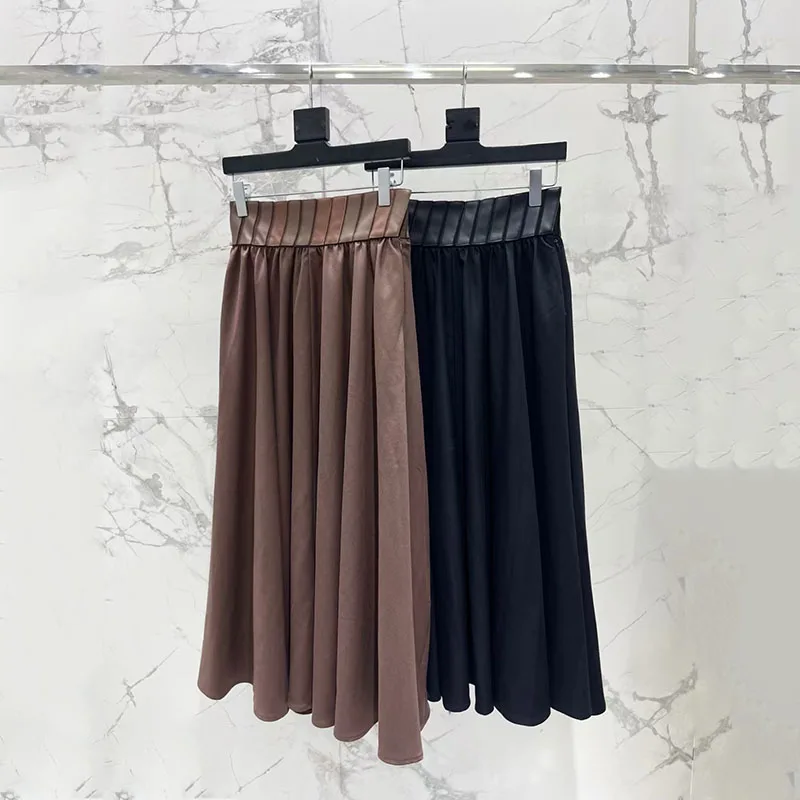 Women's Leather Patchwork Skirt, Casual and Versatile Midi Skirt, High-Quality Pleated Skirt for the Office, 2026, New Arrival,