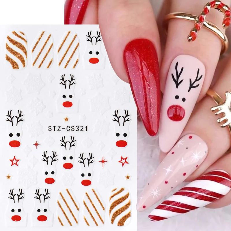 การ์ตูนคริสต์มาสสติกเกอร์เล็บน่ารักกวางเขากวางเกล็ดหิมะหัวใจลายกาวสติ๊กเกอร์กลิตเตอร์ปีใหม่สไลเดอร์ตกแต่งเล็บ