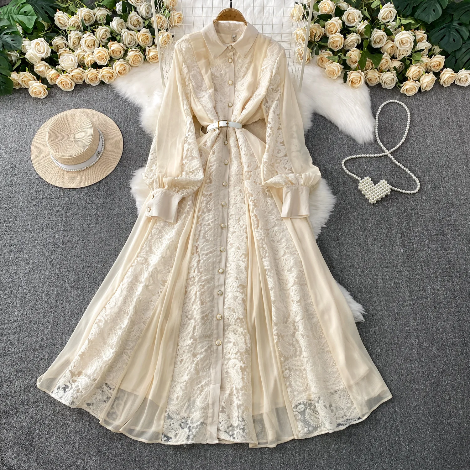 

French Retro Lace Embroidered Dress Women Spring And Autumn Lapel Lantern Sleeves Single-breasted Buttoned Waist Slim Long Dress