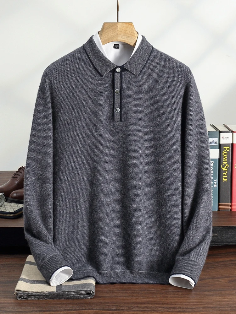 

Men's 100% Cashmere Pulllover Sweater Autumn Winter Polo Lapel Soild Smart Casual Long Sleeve Kintwear Tops Versatile High-end