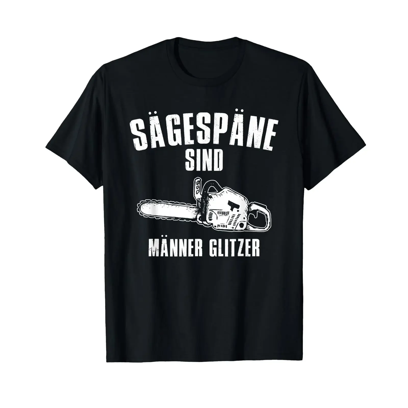 Camiseta vintage de moda con efecto lavado y diseño elástico de motosierra, leñador y motosierra de cadena, con estampado de virutas de madera y hombres brillantes.