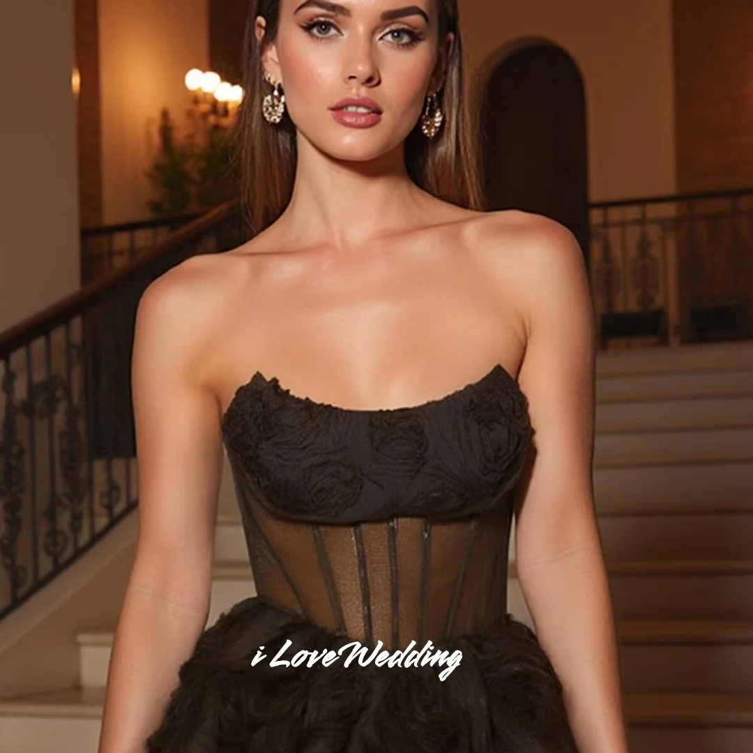 Black 3D Flowers Mini Skirt Strapless Homecoming Dresses Sleeveless A-Line Birthday Party Dress Multi-Layered Pleated Customized