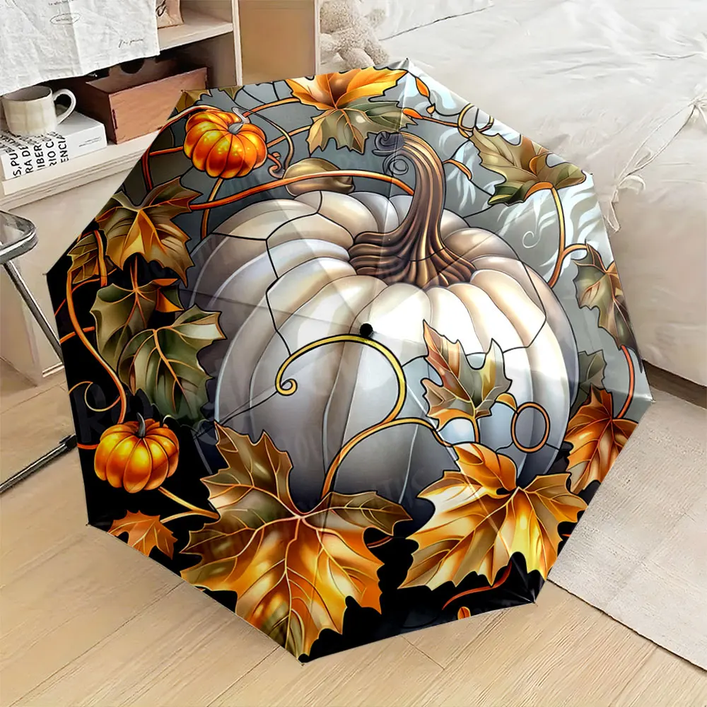 Autumn White Pumpkin With Vines And Golden Leaves Design portable waterproof sun rain umbrella for outdoor travel beach