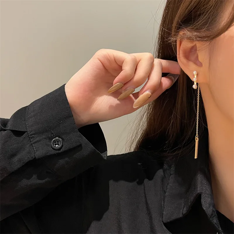 LATS 2022 Korean Elegant Cute Pearl Long Tassel Drop Earrings for Women Girls Fashion Metal Chain Boucle D\'oreille Jewelry Gifts