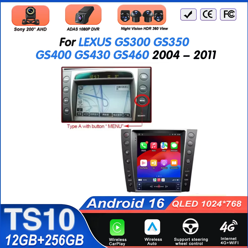 Car Radio For LEXUS GS300 GS350 GS400 GS430 GS460 2004 - 2011 Carplay GPS Navigation Screen Android Auto 5G Wifi Stereo Bluetoot