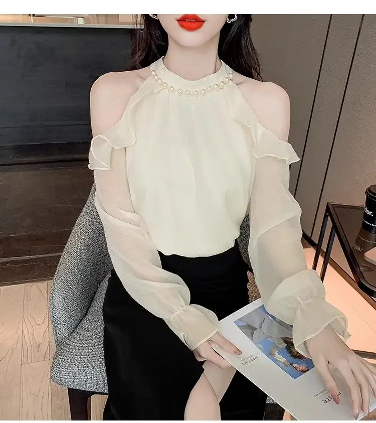 Bluzka damska z falbankami z francuskiego szyfonu, wiosenna, pikantna, z odkrytymi ramionami, typu halter, unikatowa.