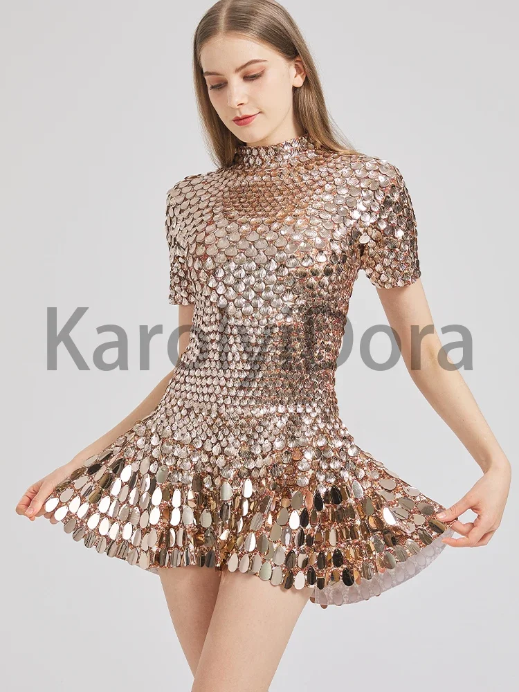 Sexy Khaki Shell Sequins Mini Dress Nightclub Dance High Quality Performance Clothing Bodysuit Birthday Red Luxury Dresses