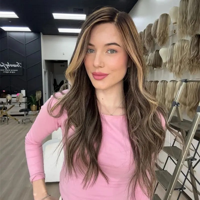 13x4 Ombre Flax Brown Highligts Synthetic HD Lace Front Wig Party Daily Wigs Beginner Friendly Realistic Look Premium Fibre Wigs