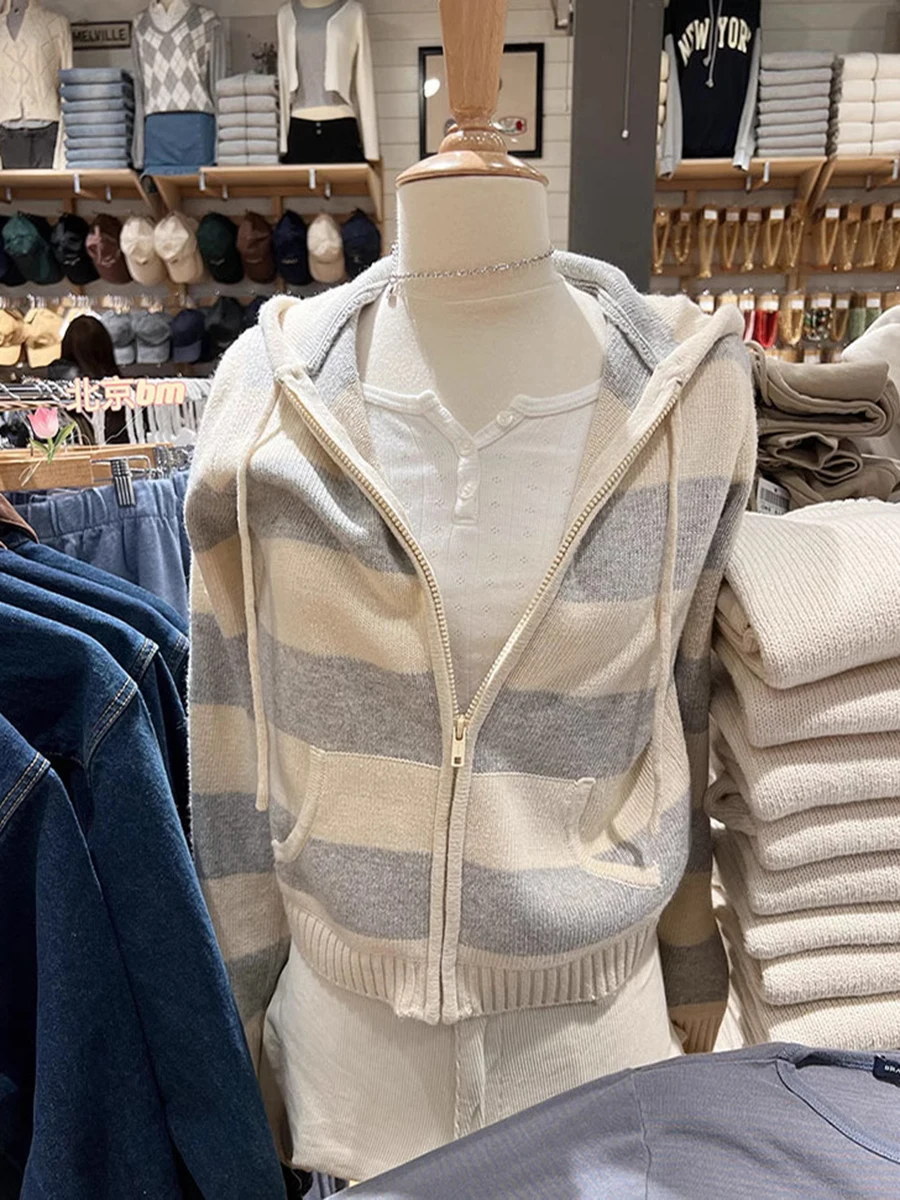 

Striped Zipper Hooded Cardigan Women Autumn New Long Sleeve Slim Knit Outerwear Streetwear Fashion Vintage Sweater Hoodies Y2k