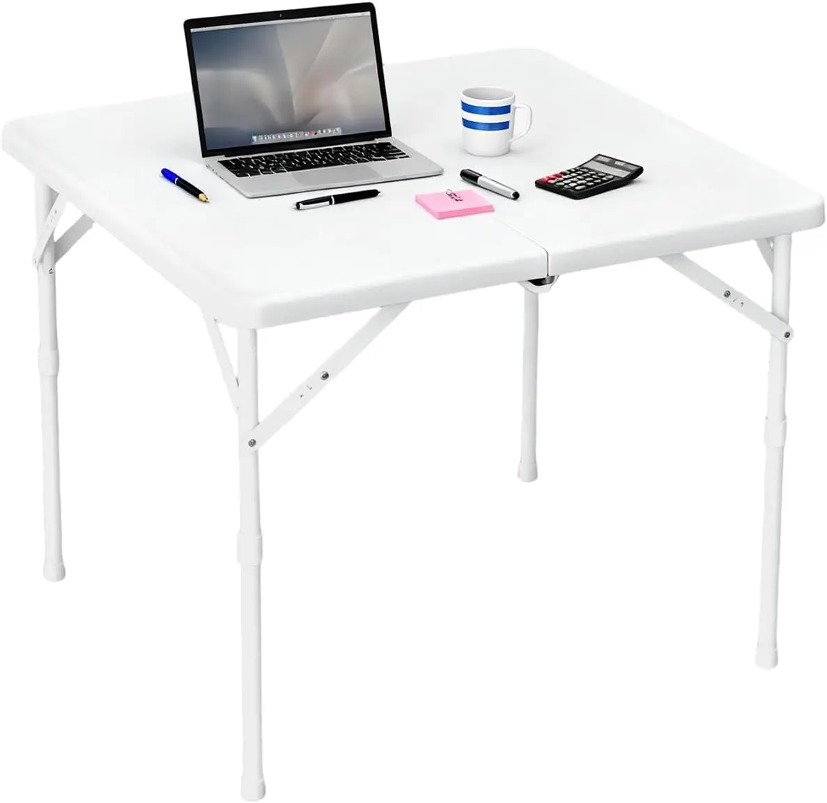 34" Square Folding Table, Multi-Functional Portable Foldable Card Table with Carrying Handle for Indoor Outdoor Camping Picnic Office Party Use Plastic Tabletop with Metal Frame White