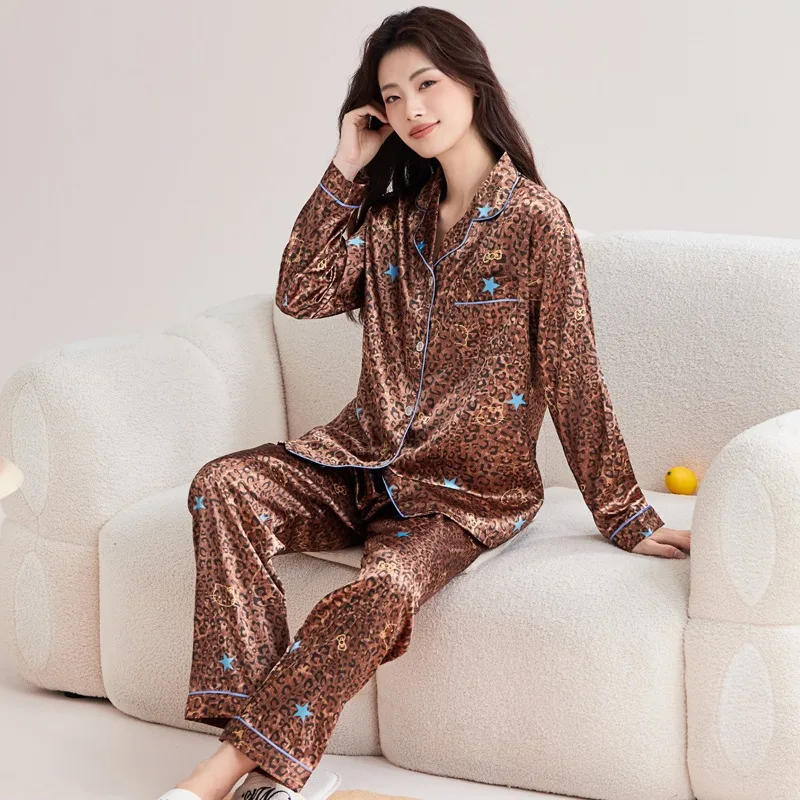 

Осень-зима, новый пижамный комплект, женская мода, одежда для сна с леопардовым принтом и длинными рукавами, домашняя одежда, женская винтажная повседневная домашняя одежда