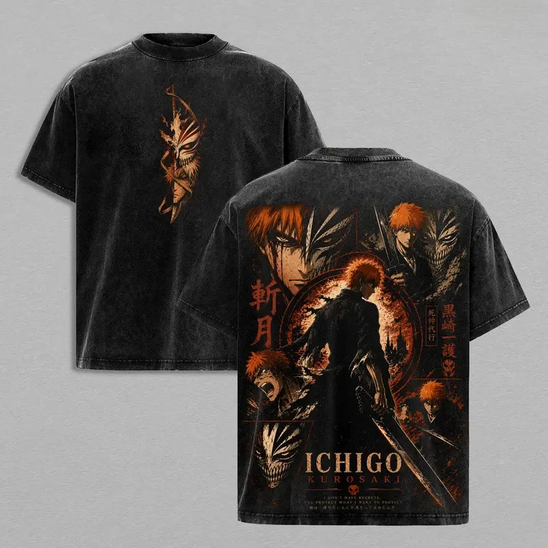 Hot Anime BLEACH Kurosaki Ichigo Clothing Men Women Short Sleeve Tshirts Washed Cotton Tee Retro T-shirt Harajuku Loose T Shirt