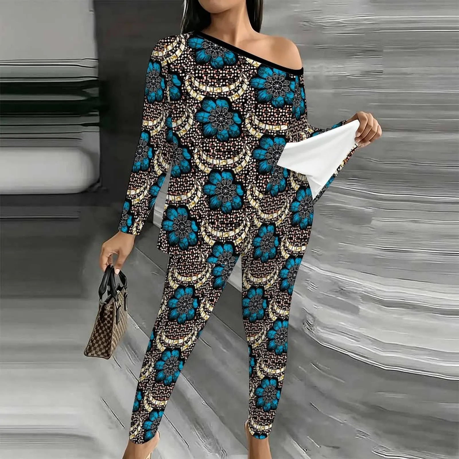 Winter Women's Diagonal Collar Long Sleeved Off Shoulder T-shirt Autumn Elegant Two-piece Set Fashion Printed Jogging Pants