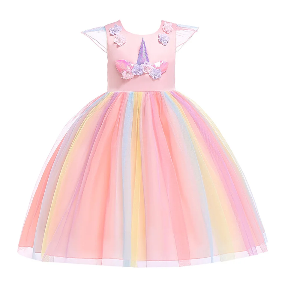 Girl Unicorn Costume Children Rainbow Princess Dress Kids Christmas Halloween Party Clothes Girls Carnival Birthday Gift 3-10Y