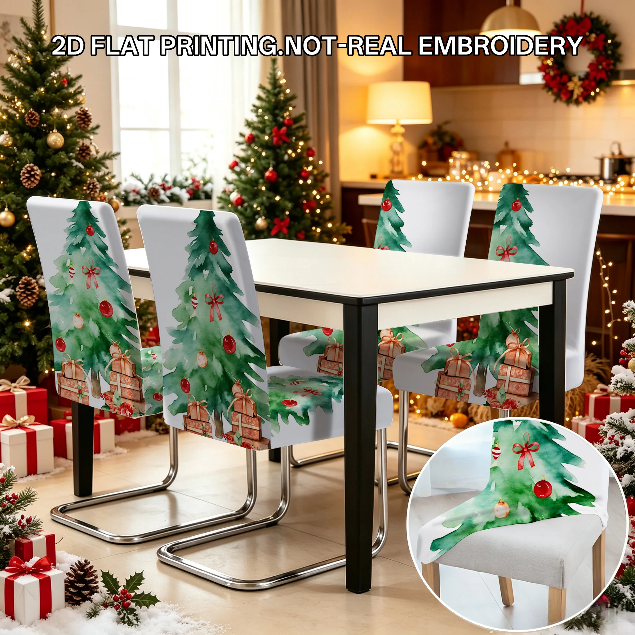 2/4/6 PCS oil style Christmas tree dining chair cover, 2D flat design removable and washable Christmas home holiday decoration